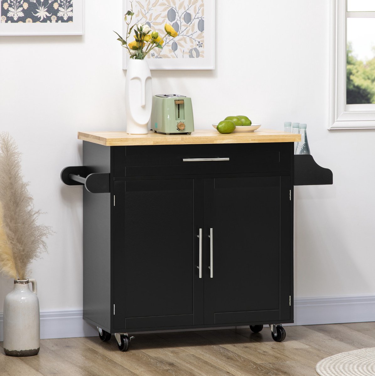 WUVRIE - Keukenwagen 109x40x89 cm - Met lade, kast en verstelbare plank - Zwart