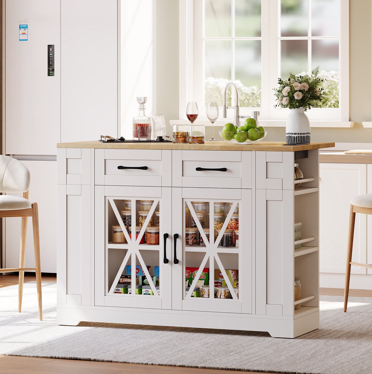 WUVRIE - Keukeneiland 120x40(65)x92 cm - Klapblad, glazen deuren, stopcontacten en USB - Wit/naturel