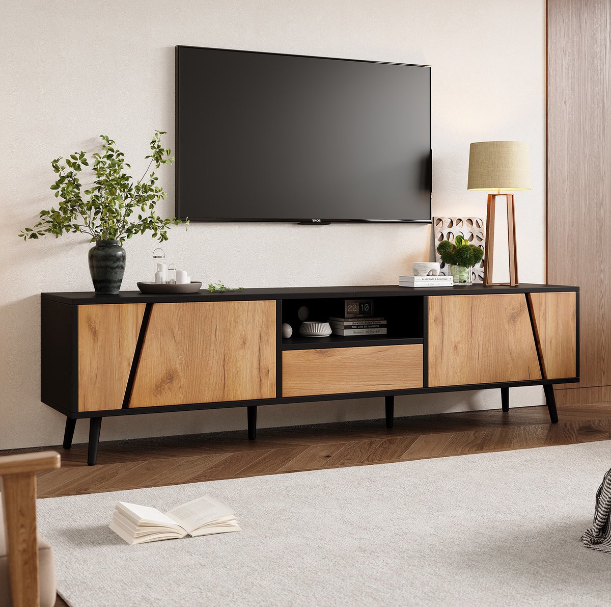 WUVRIE TV-meubel 180x40x46 cm - 2 deuren, 1 lade en open vak - Zwart/naturel
