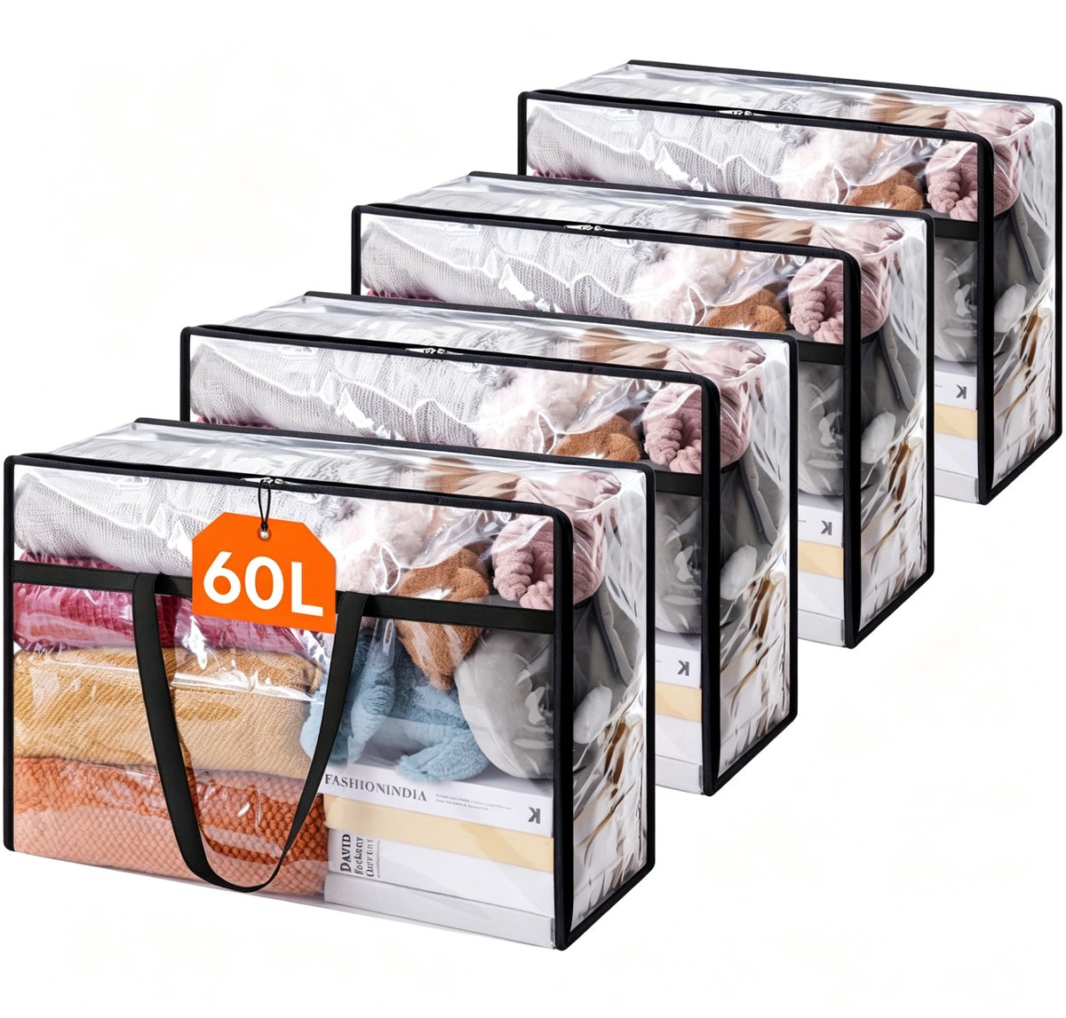 Opbergtassen voor Kleding, Beddengoed, Dekbedden en Dekens - 4 Stuks - 60L - Transparant PVC - Opvouwbaar - Met Ritssluiting - 60 × 24 × 42 cm