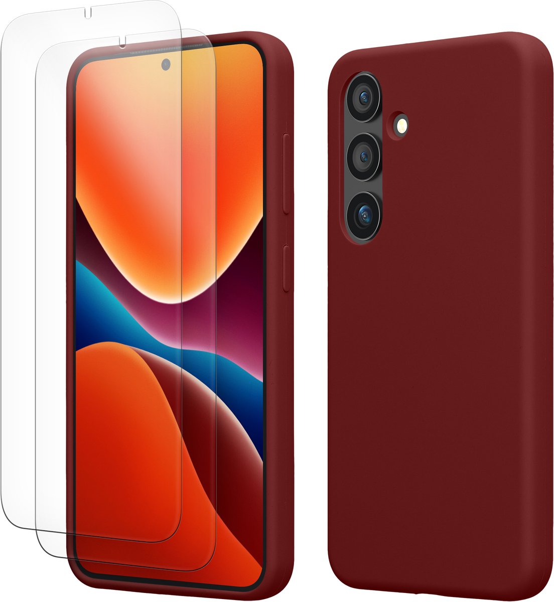 kwmobile hoes met 2x screenprotectors voor Samsung Galaxy S24 – screenprotector van gehard glas – draadloos opladen – bordeaux-violet