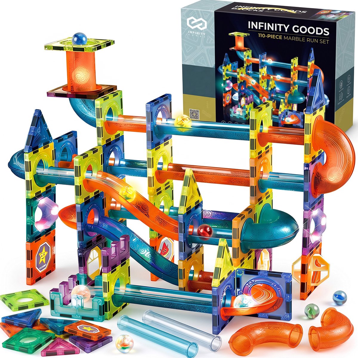 Infinity Goods Magnetic Tiles - 110 Stuks - Knikkerbaan - Magnetische Tegels - Speelgoed - Bouwstenen - Blokken - Montessori - Magna Speelgoed - 3-12 Jaar - Kinderen