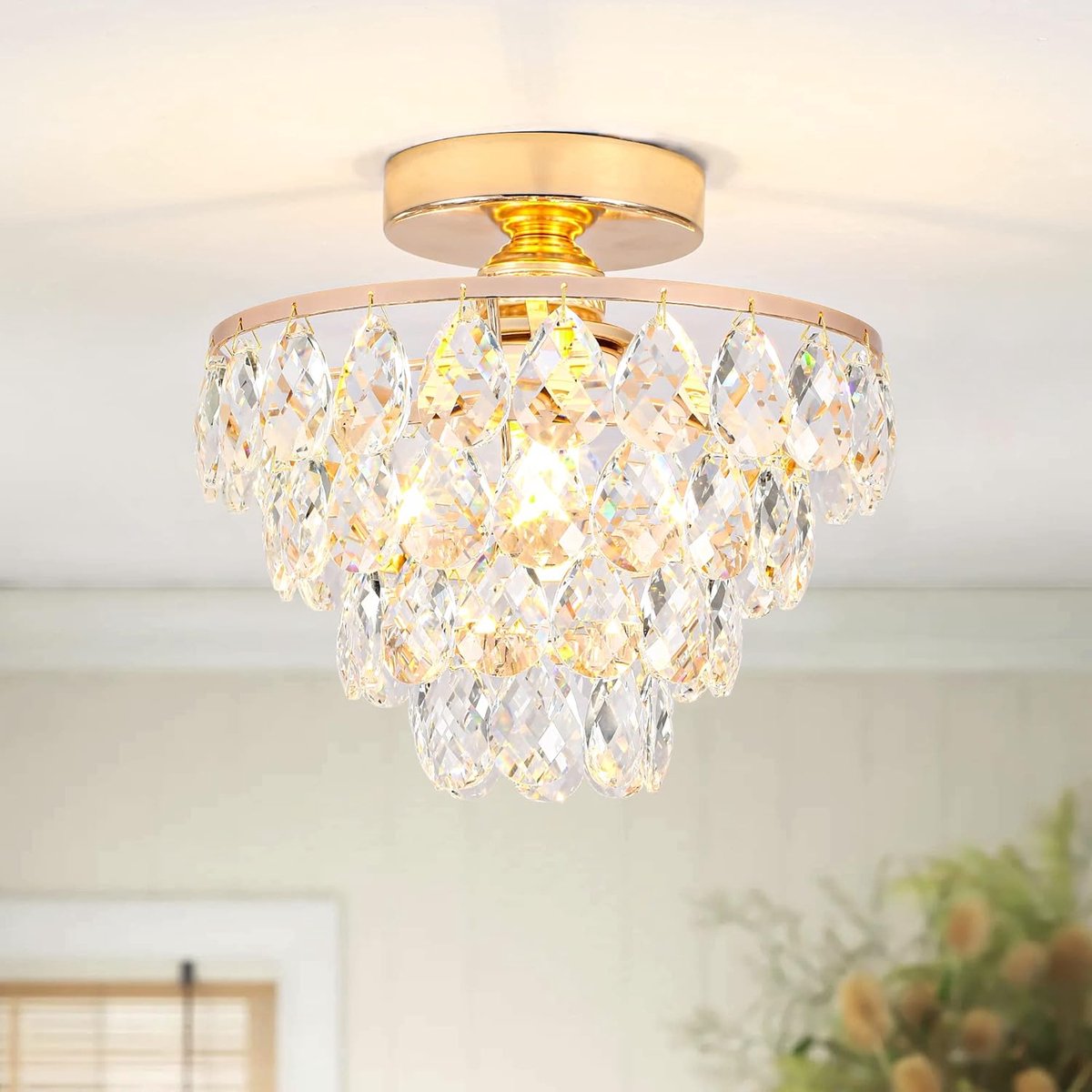SnelShoppen - Crystal Mini Chandelier - Kleine Kristallen Plafondlamp - Modern Ontwerp - Gouden Frame - Perfect voor Slaapkamer, Hal, Woonkamer - T9.8