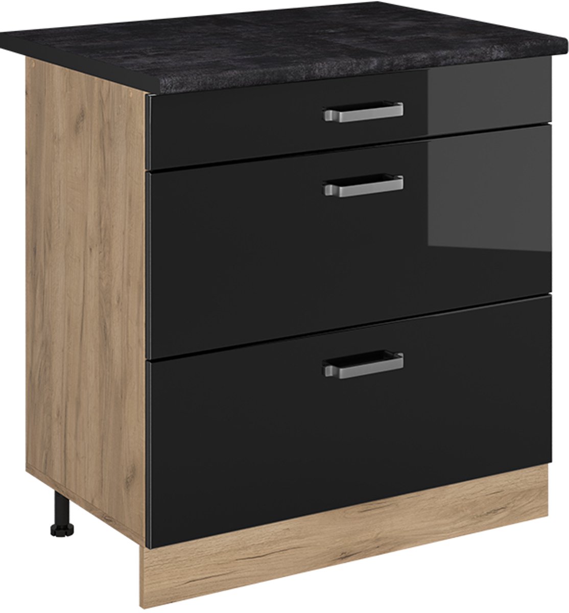 Vicco Keukenonderkast R-Line, Zwart hoogglans/Goudkleurig Eiken, 80 cm met 3 laden antraciet werkblad