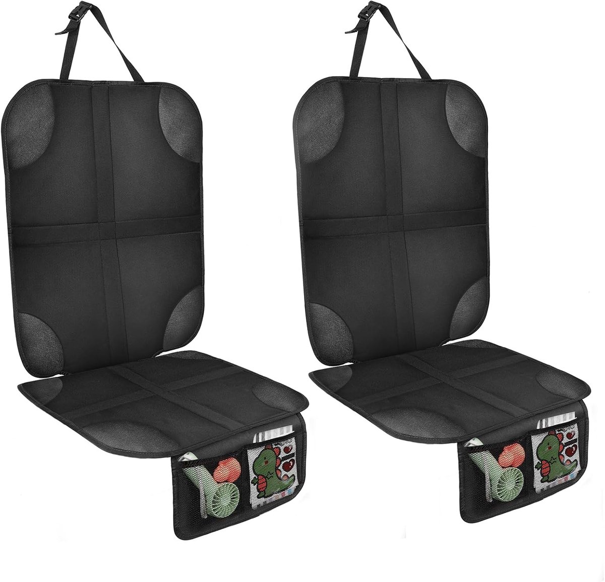 Set van twee kinderautostoelbeschermers, waterdicht en antislip, met twee opbergvakken, geschikt voor SUV, sedan en kofferbak, gemaakt van leer en stof.
