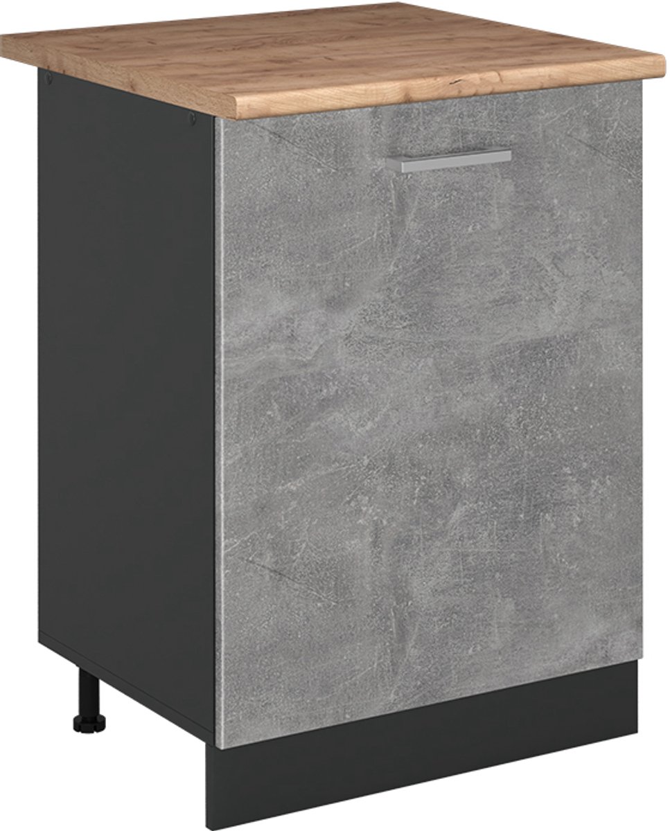 Vicco Keukenonderkast R-Line, Beton/Antraciet, 60 cm met 1 deur goudkleurig eiken werkblad