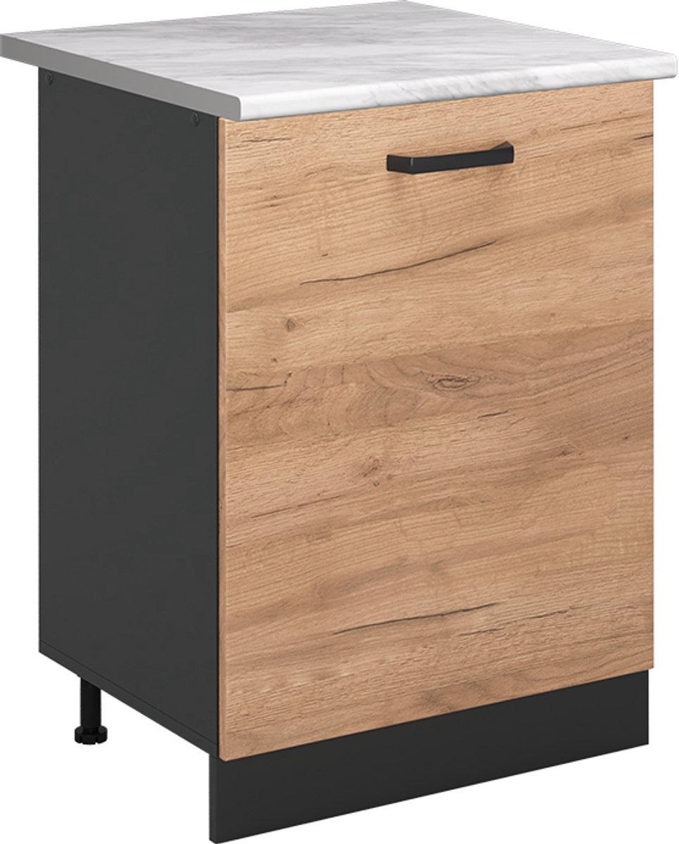 Vicco Keukenonderkast R-Line, Goudkleurig Eiken/Antraciet, 60 cm met 1 deur marmer werkblad