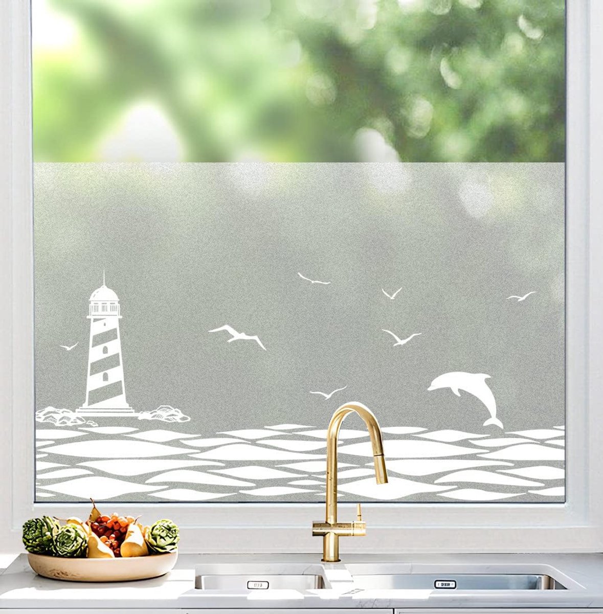 SnelShoppen - Privacy Window Film Frosted Vinyl Film Zonder Lijm, Decoratieve Ocean Patroon, Verwijderbare Static Adhesive Film voor Badkamer, Kinderk