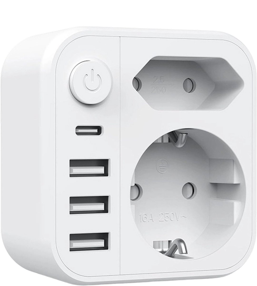 Verdeelstekker - Stopcontact Splitter - TENZHVXI® - 6-in-1(2 stopcontacten, 3 x USB-A, 1 x USB-C) - 4000 W/16 A - Overspanningsbeveiliging en kinderbeveiliging - Voor thuis, kantoor, slaapkamer - 7,5 x 7,1 x 7,3 cm - Wit
