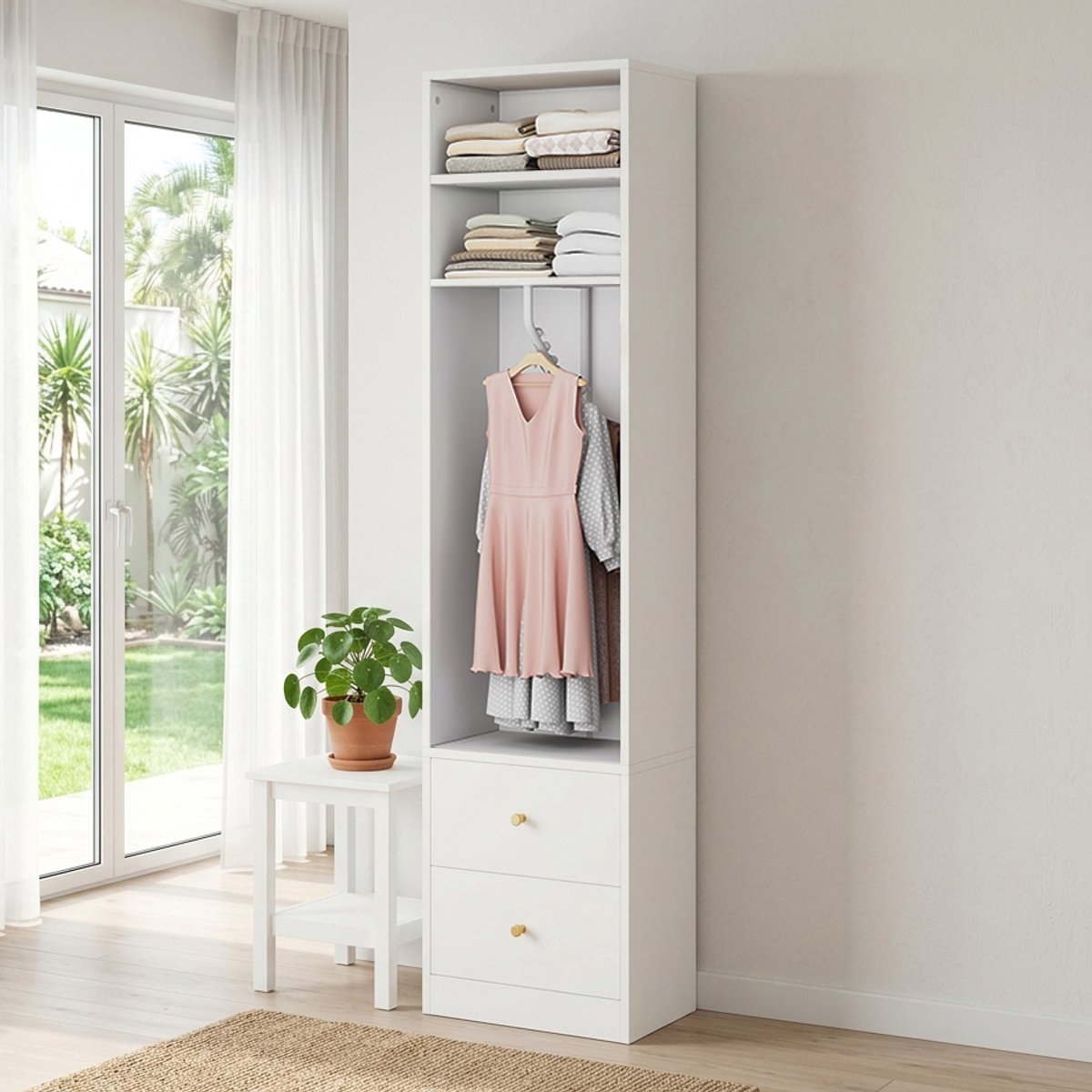 Pugsdrly Kledingkast wit, 2 lades, 1 kledingstang, 1 vak, 50 x 30 x 200 cm, smalle kast
