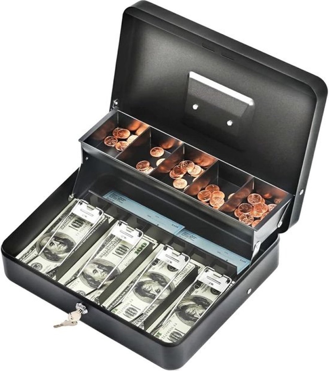 Geldkist met slot en compartimenten - Metalen spaarpot van 30 cm x 22 cm - Met sleutels