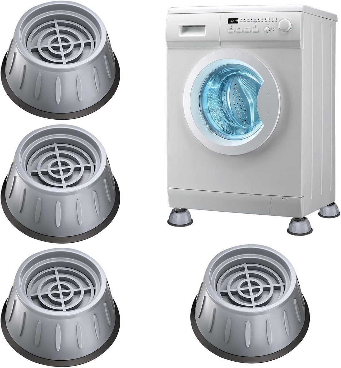 Set van 4 antitrillingsvoeten voor wasmachines met borstelvanger, universele rubberen voeten, geluidsreductie en stabiliteitsverbetering, eenvoudig te installeren