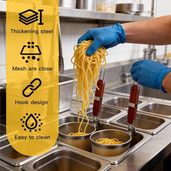 SnelShoppen - Pack van 2 Pasta Mandjes, Microperforated Colander, RVS, 14 cm + 12 cm, Pasta Strainer met Houten Handvat voor Pasta, Groenten, Dumpling van Snelshoppen — afbeelding 5