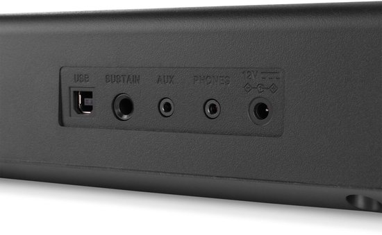 Aansluitingen aan de achterkant van het MAX RhapsodyDP88S digitale piano keyboard: USB, SUSTAIN, AUX, PHONES, 12V.