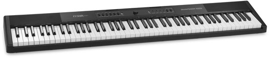 Zwart MAX RhapsodyDP88S digitaal piano keyboard met 88 witte en zwarte toetsen.