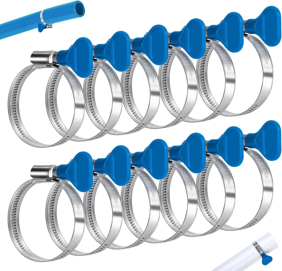 ilauke Hose Clamps, Set of 12, 32-50 mm, Adjustable Hose Clips, Pipe Clips, Stainless Steel Hose Clamp with Blue - ShopVlot
