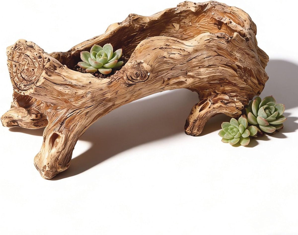 Artificial Wooden Flower Pot, Flower Pot for Succulents, Tree Root Trunk, Vintage Resin Flower Pot with Drainage Hole - ShopVlot