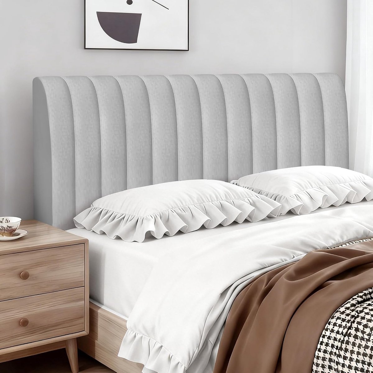 Hoofdbordbekleding voor bed, verticale strepen, fluweel, zachte overtrek voor slaapkamer en hoofdbord, lichtgrijs, 200 cm