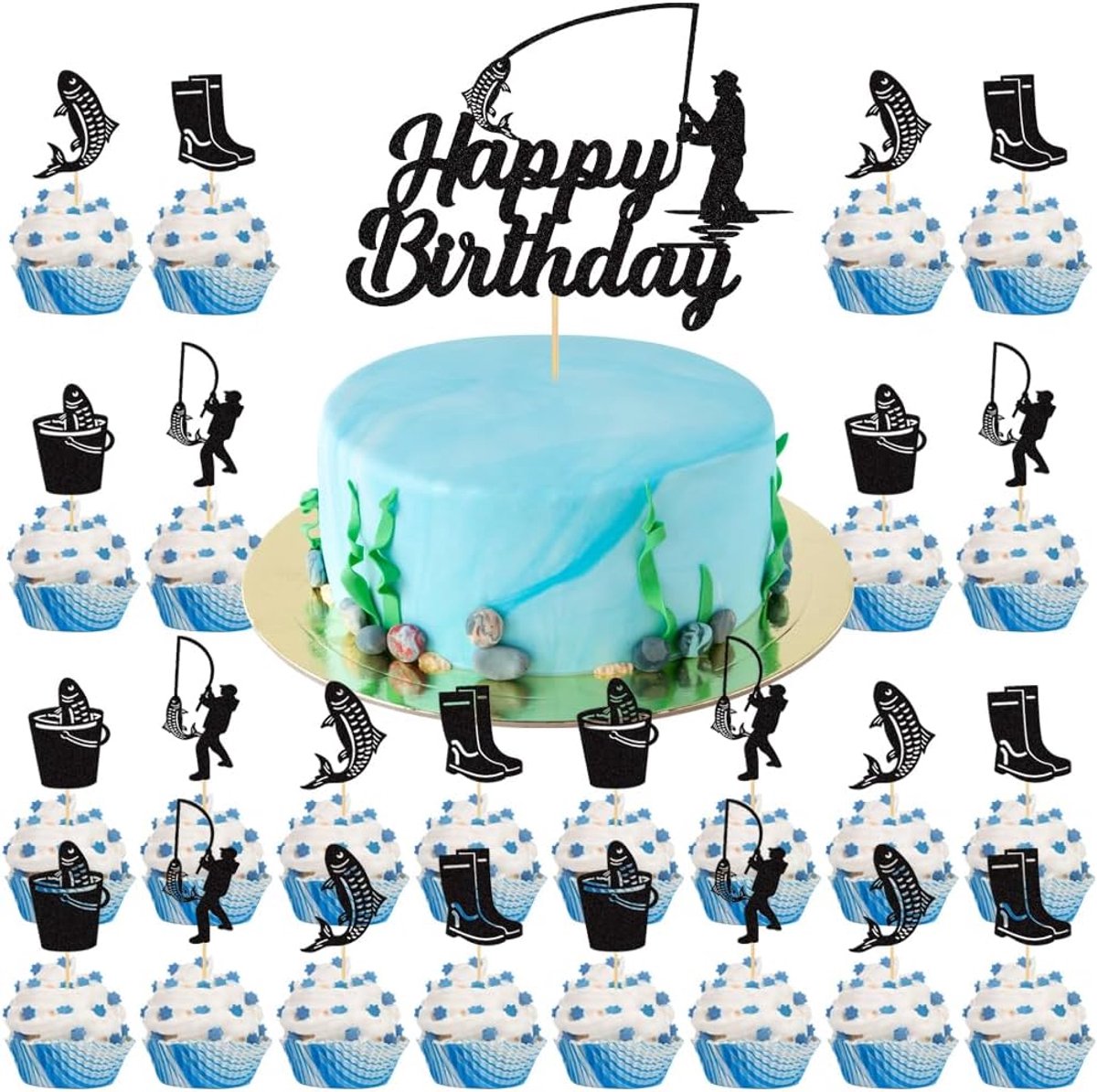 Cake Decoraties Set, Vissen Thema Feestbenodigdheden Inclusief Vis Gelukkige Verjaardag Cake Cupcake Toppers voor Jongens Kinderen Mannen Visser Vissen Thema Feestbenodigdheden