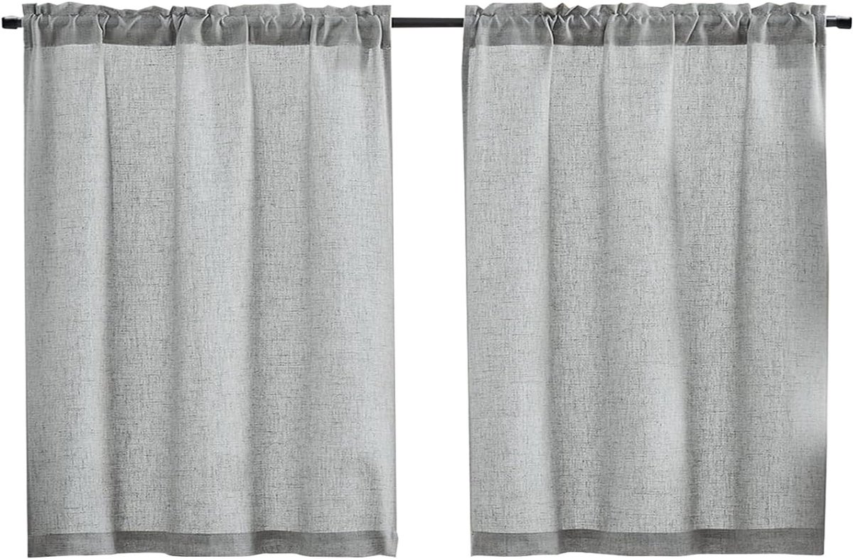 Set van 2 netgordijnen, 60 x 45 cm (b x h), kort gordijn, semi-transparant, bistrogordijnen, halve keuken, keukengordijn, voor badkamer, kleine raamdecoratie, grijs