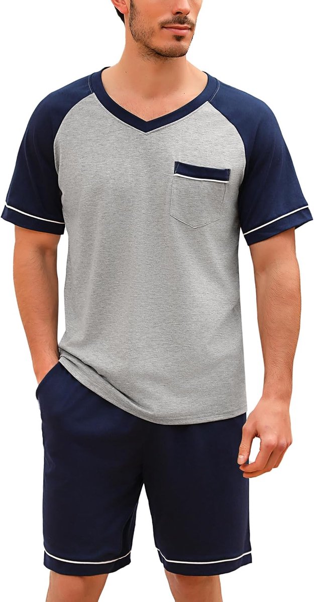 Zomerpyjama voor heren, katoen, pyjamaset met korte mouwen en broek, korte pyjama, 2-delig, met zakken, S-XXL