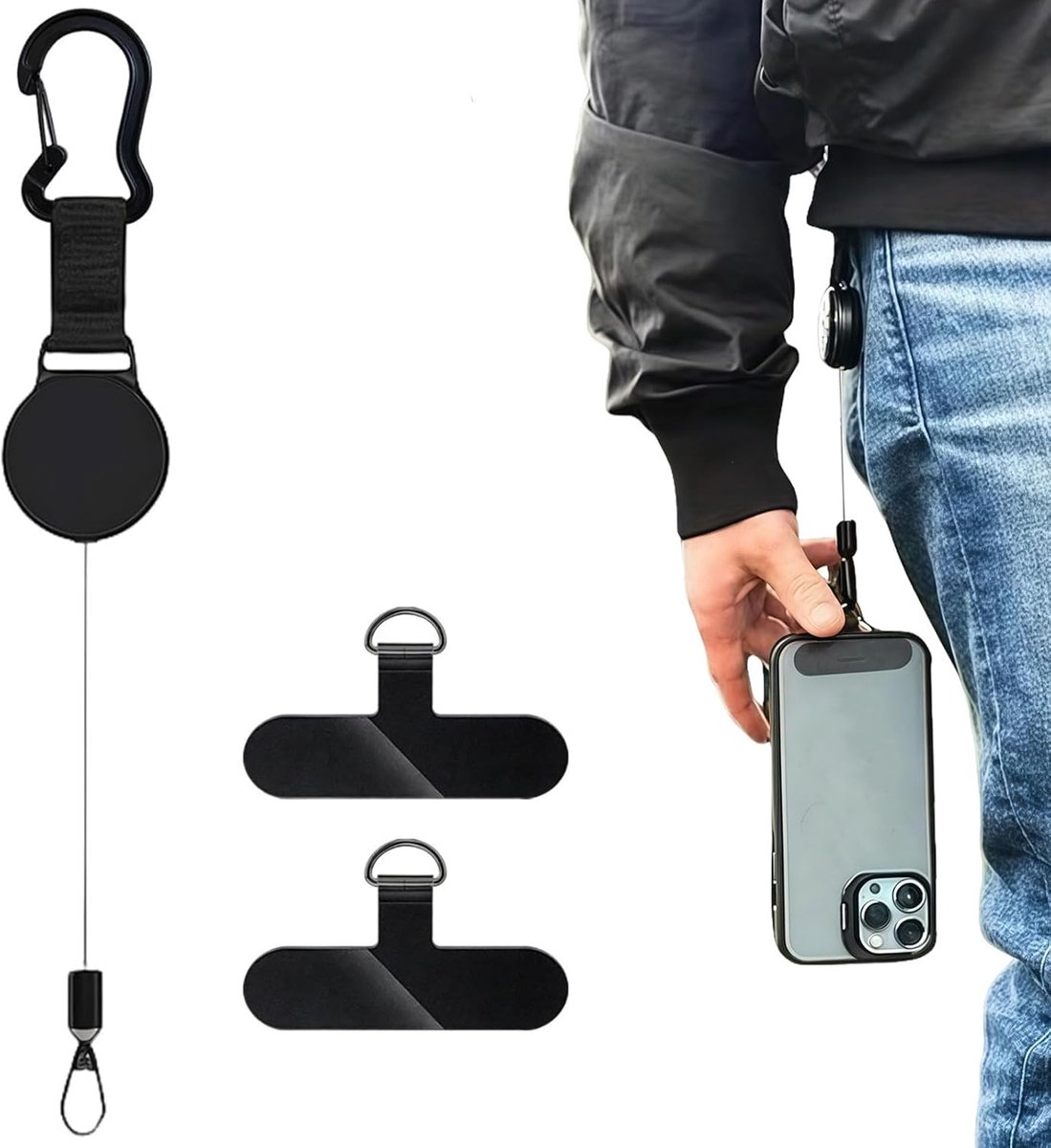 Telefoonbeveiliging met Karabijnhaak – Uittrekbare Telefoonhouder van Staalkabel voor Buitenactiviteiten zoals Wandelen, Klimmen en Vissen, Diefstalbeveiliging