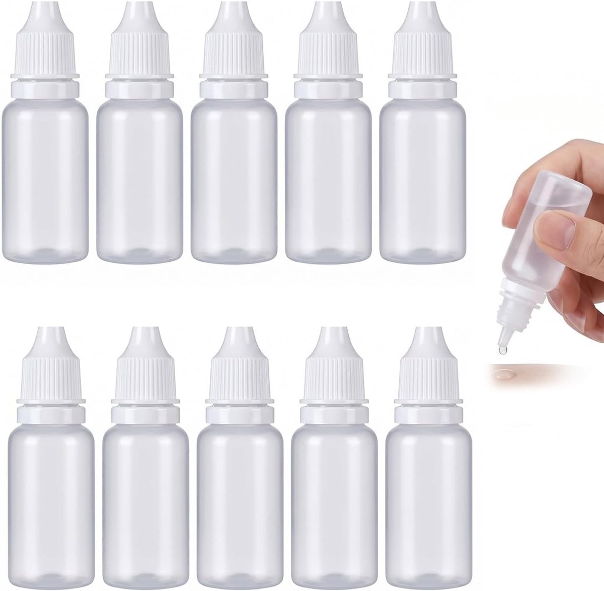 Druppelflessen van kunststof (15 ml/0,5 oz) leeg, knijpbaar, draagbaar, voor oogvloeistof, kleine navulbare container met dop en stop