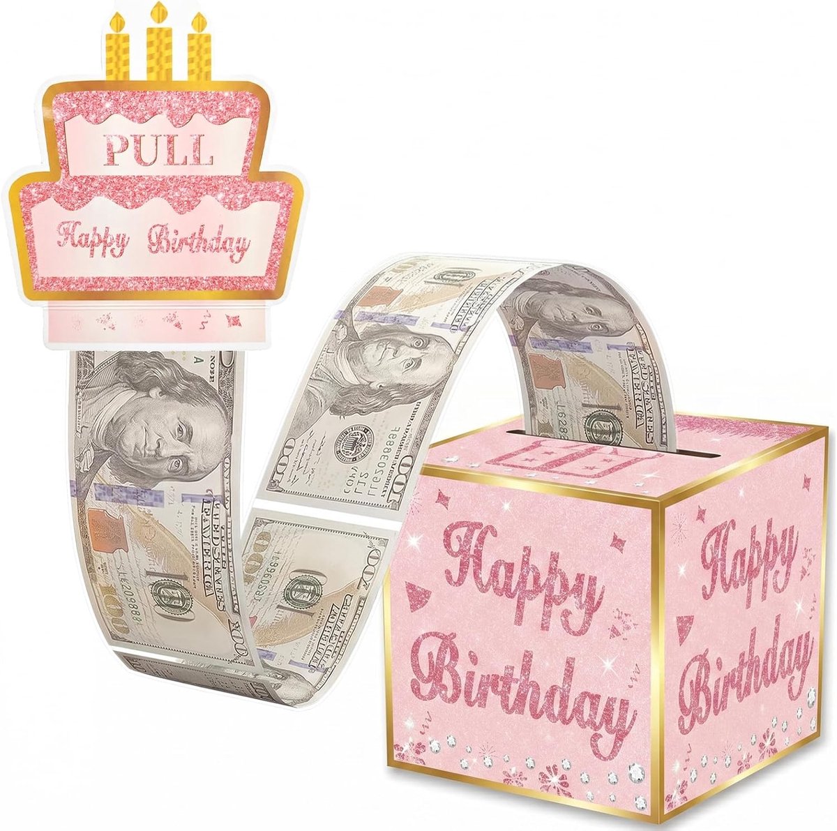Go Roze verjaardag spaarpot, verrassing pull out cash geschenkdoos