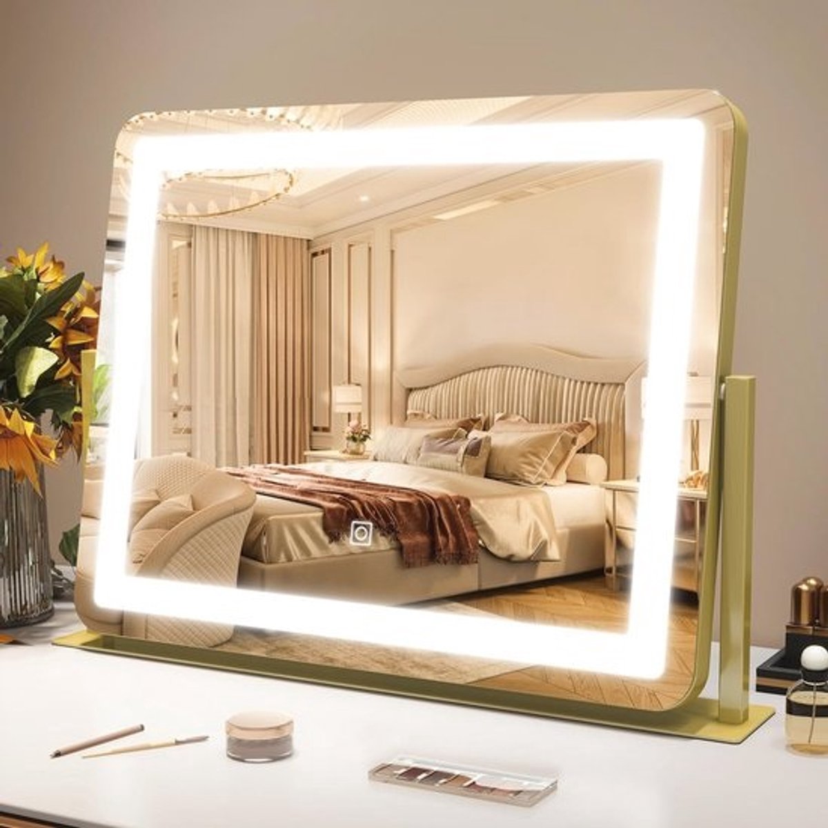 Verlichte make-upspiegel met dimbare verlichting en 360° rotatie - Grote tafelspiegel voor perfecte make-up