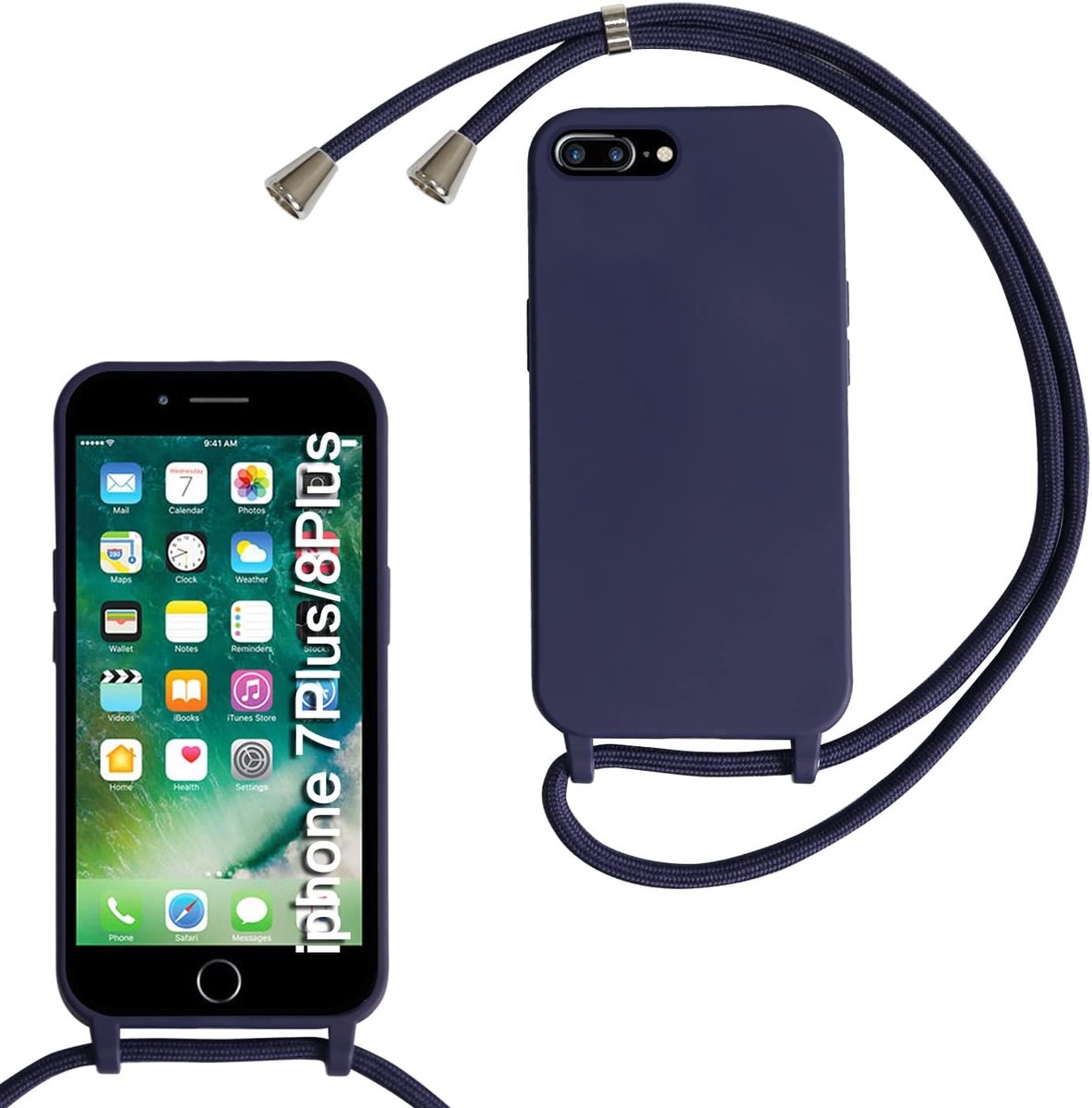 Compatibel voor iPhone 6 Plus/7 Plus/8 Plus hoesje, vloeibare siliconen beschermende telefoonhoes met riem, verstelbaar halskoord, ketting, zachte hoes, TPU-schaal, slank, stijlvol