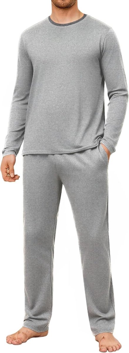 Pyjama voor heren, lange effen pyjama met ronde hals, lange mouwen, katoen, pyjama's, warm, tweedelig, nachtkleding, loungewear winter