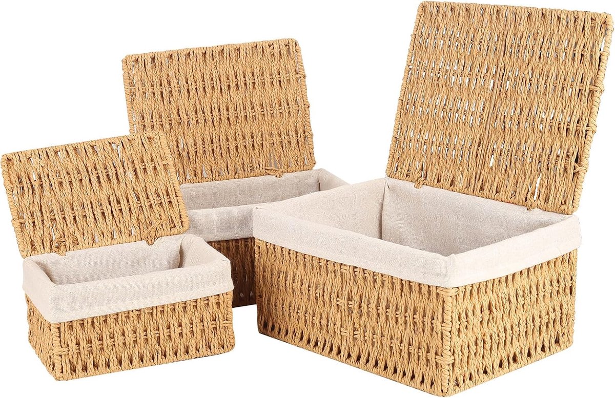 Set van 3 Opbergmanden met Deksel, Gevlochten Papieren Touw Boho-decoratiemanden met Voering Opbergdoos voor Badkamer, Woonkamer, Keuken