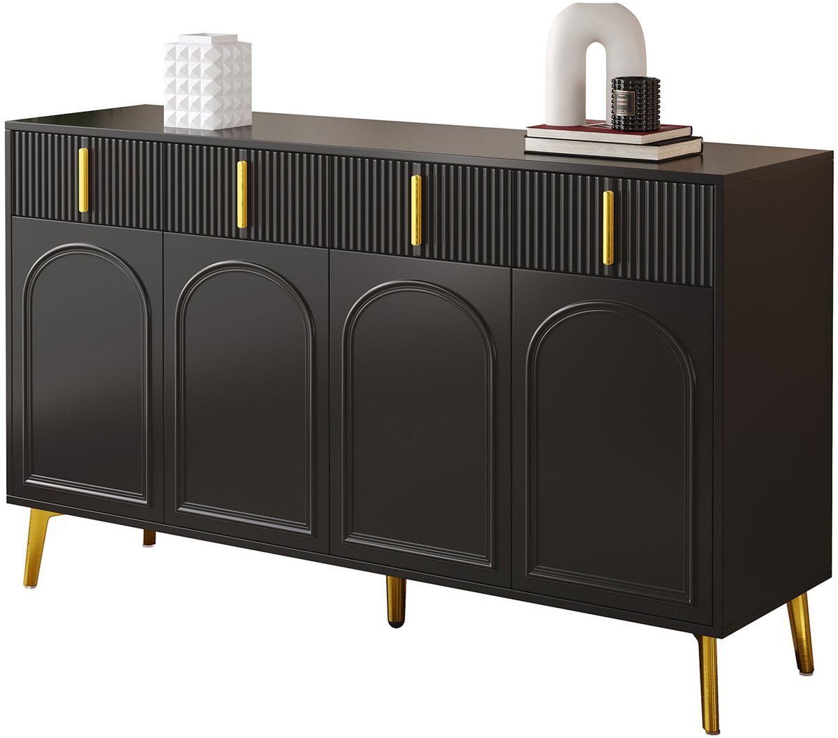 FloraGrace Dressoir - Zwart MDF Met 4 Deuren En 4 Lades - Verstelbare Planken Voor Woon- En Eetkamer - 140x38x82 Cm