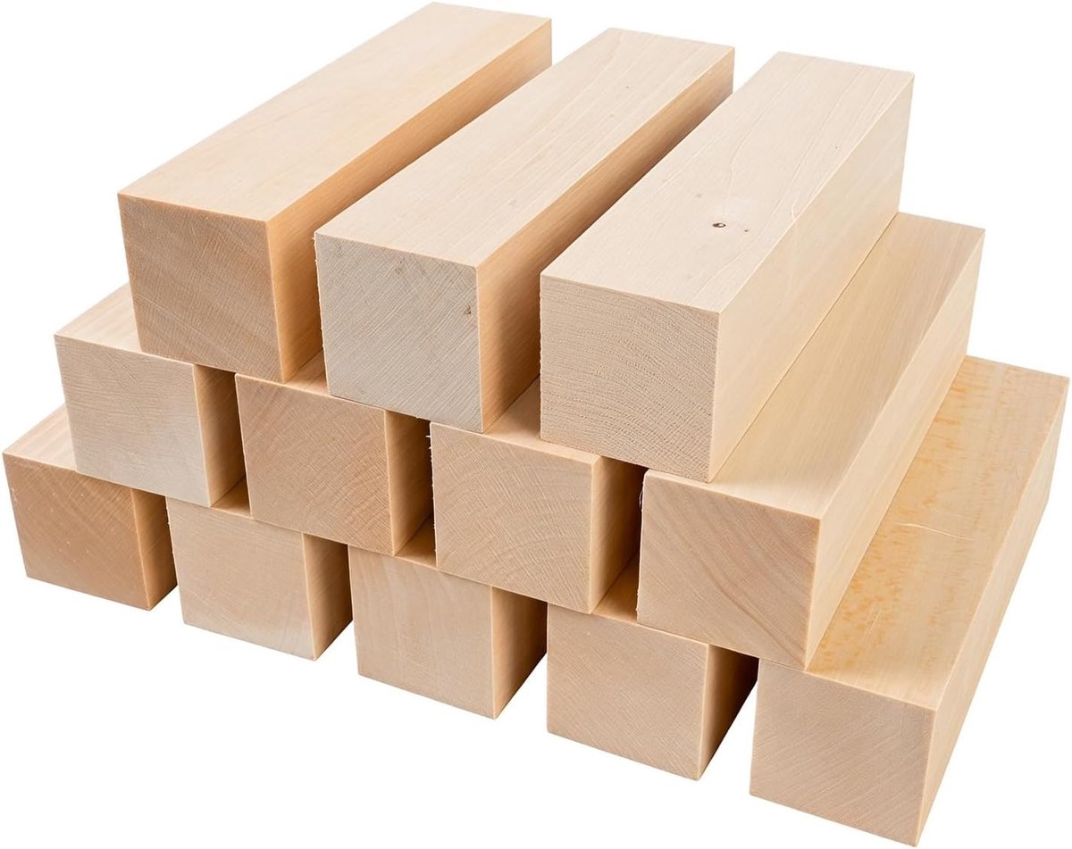 Lindehout om te snijden, 12 stuks, houten blokken 10 x 2,5 x 2,5 cm, onbehandelde houten kubussen, knutselhout voor beginners en professionals, gladde houten blokken voor doe-het-zelf