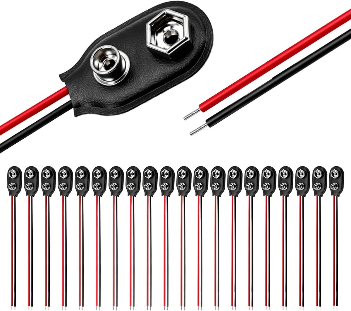 20 stuks 9 V accuclips met 15 cm kabel, 9 V batterijaansluiting I-type, batterijstekker snap voor 9 volt batterijaansluiting, batterijaansluitkabel voor elektronica, doe-het-zelf projecten en