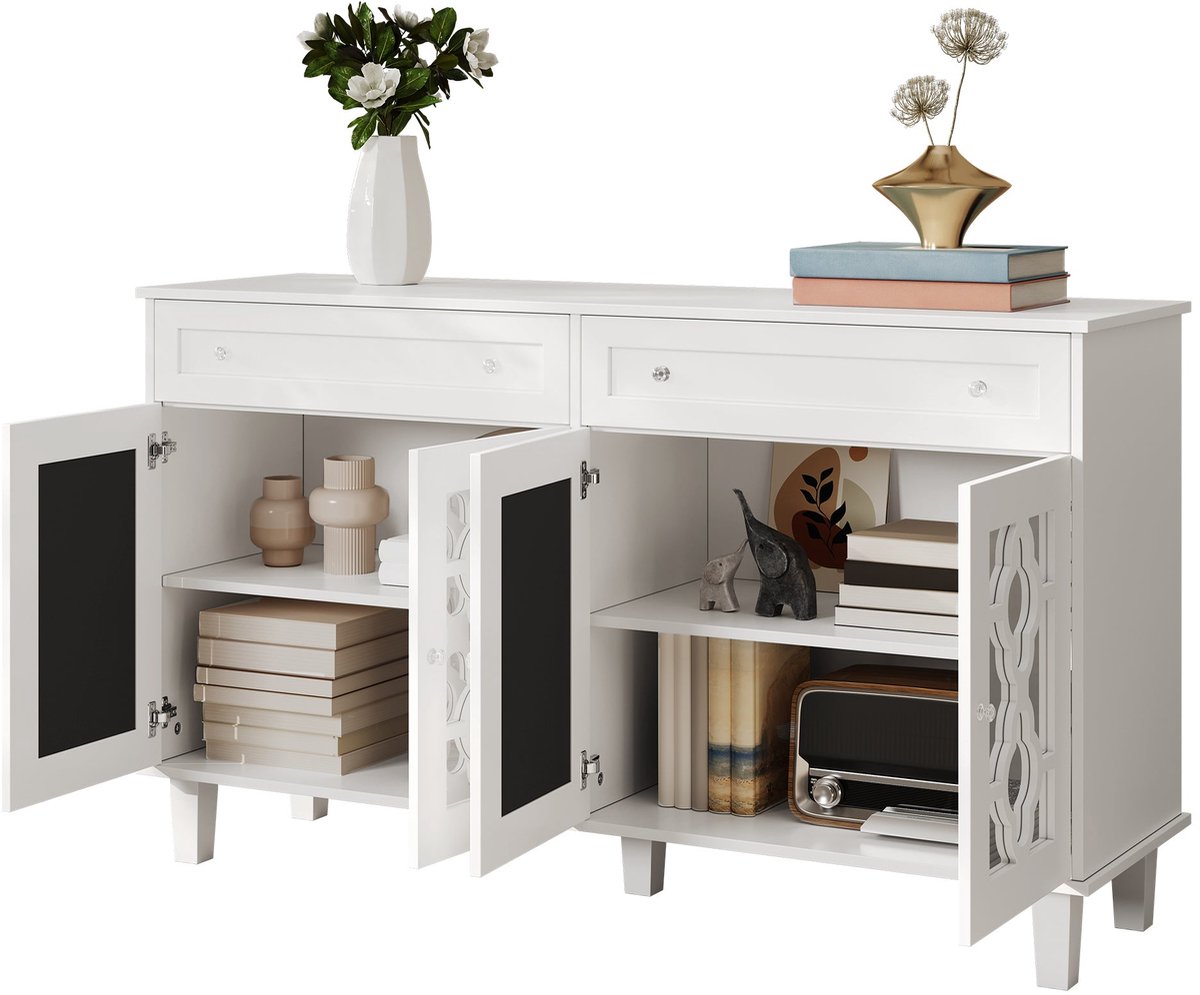 Merax Dressoir Met 4 Spiegeldeuren En 2 Lades – Verstelbare Planken - Kristalgrepen – Wit – 140x40x83 cm