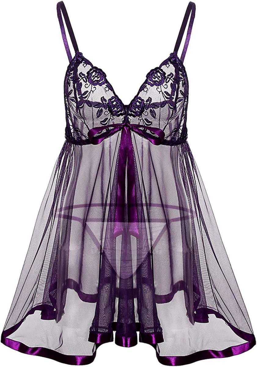 Sexy lingerieset voor dames, babydoll, kant, microvezel, pruim, V-hals, rekbaar, zacht, uitlopende pasvorm, glamour, huwelijksreis, nachtkleding, A180