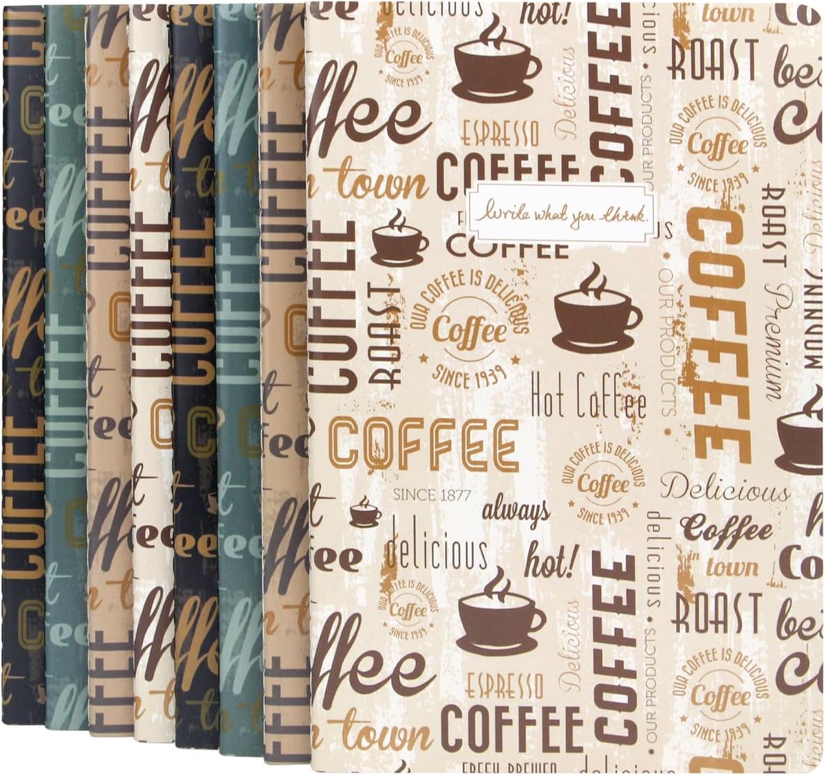 8-Pack A5 gelinieerde notitieblokken, koffieprint softcover notitieblokken, 96 pagina's elk, gestikte band, 4 verschillende koffiethemakleuren voor school, kantoor en journaling