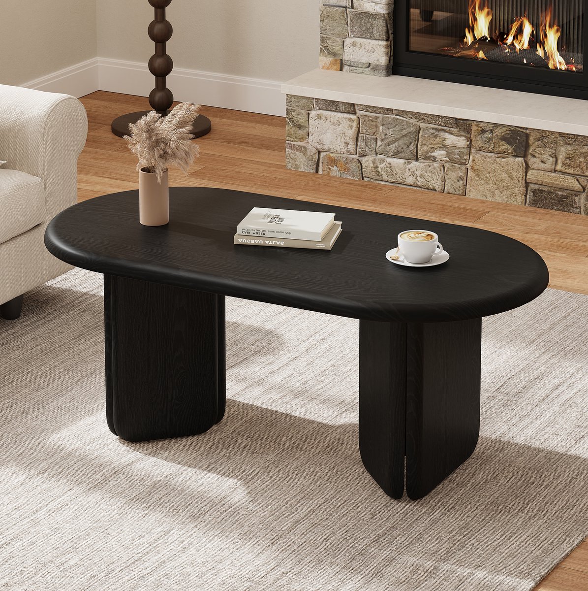 OKWISH Salontafel - Ovaal Tafelblad - Voor Moderne Woonkamers - Zwarte MDF Houtlook - Afgeronde Poten - 40 Kg Draagvermogen - 99 Bij 50 Bij 40 Cm