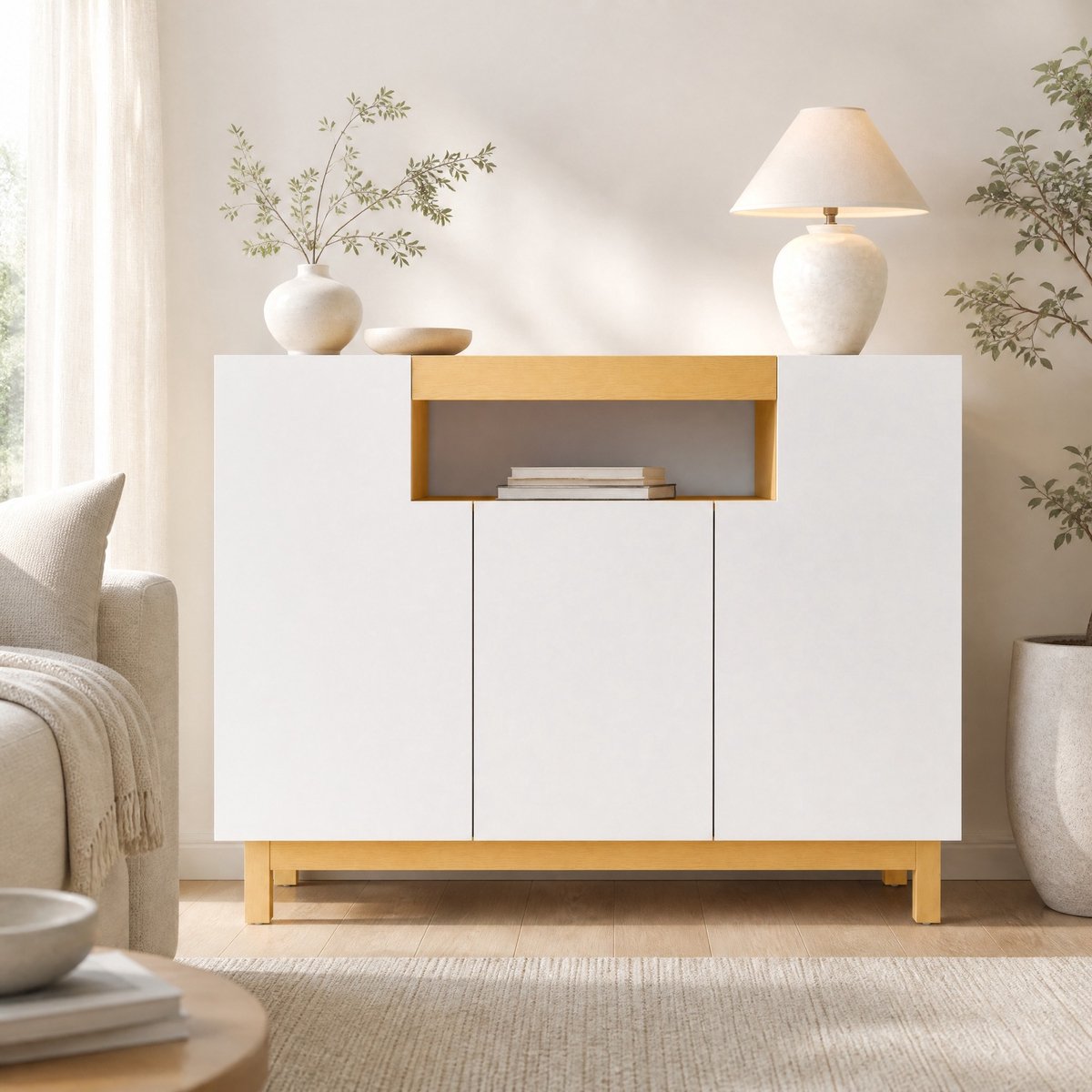 WUVRIE Dressoir 120,5 x 42 x 96 cm - 3 deuren en open vak - Wit/houtlook