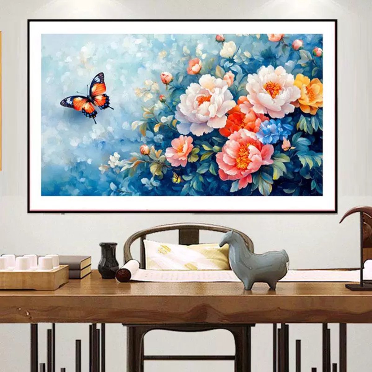 DIY kruissteekborduurpakket/Pioenrozen en Vlinders/gedrukt kruissteekpatroon borduurpakket (frame niet inbegrepen) 65*85CM