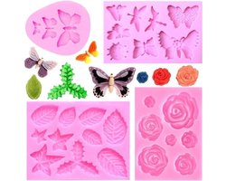 Siliconen mal - Fondant- en chocoladedecoratie - Vlinders, rozen en bladeren - Cupcake- en taartdecoratietool - DIY-mallen - Snoep en polymeerklei - Set van 4 stuks