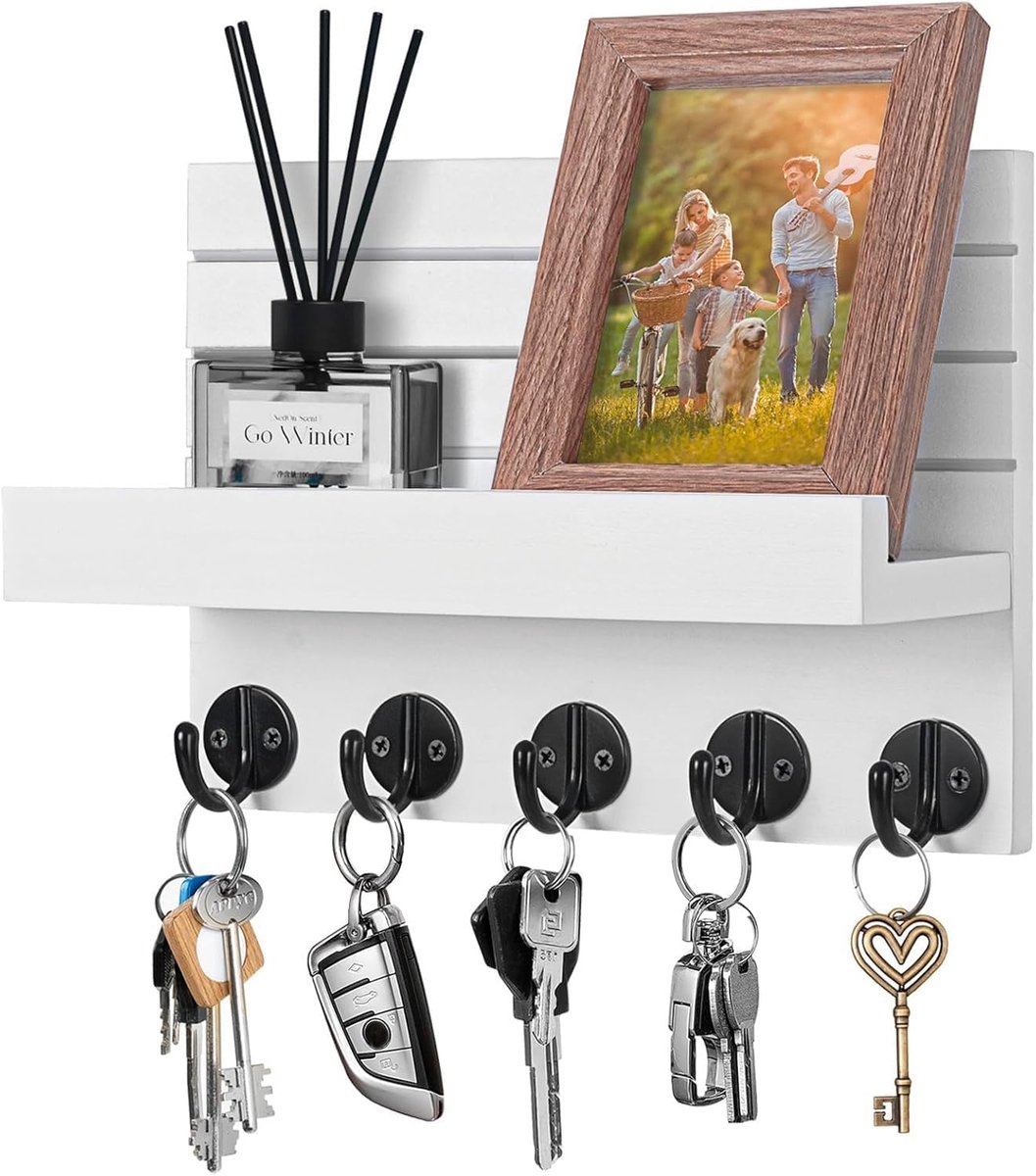 Sleutelrek met opbergruimte, decoratief houten wandrek, sleutelrek hout wit, met 5 sleutelhaken, voor entree, gang, slaapkamer, woonkamer