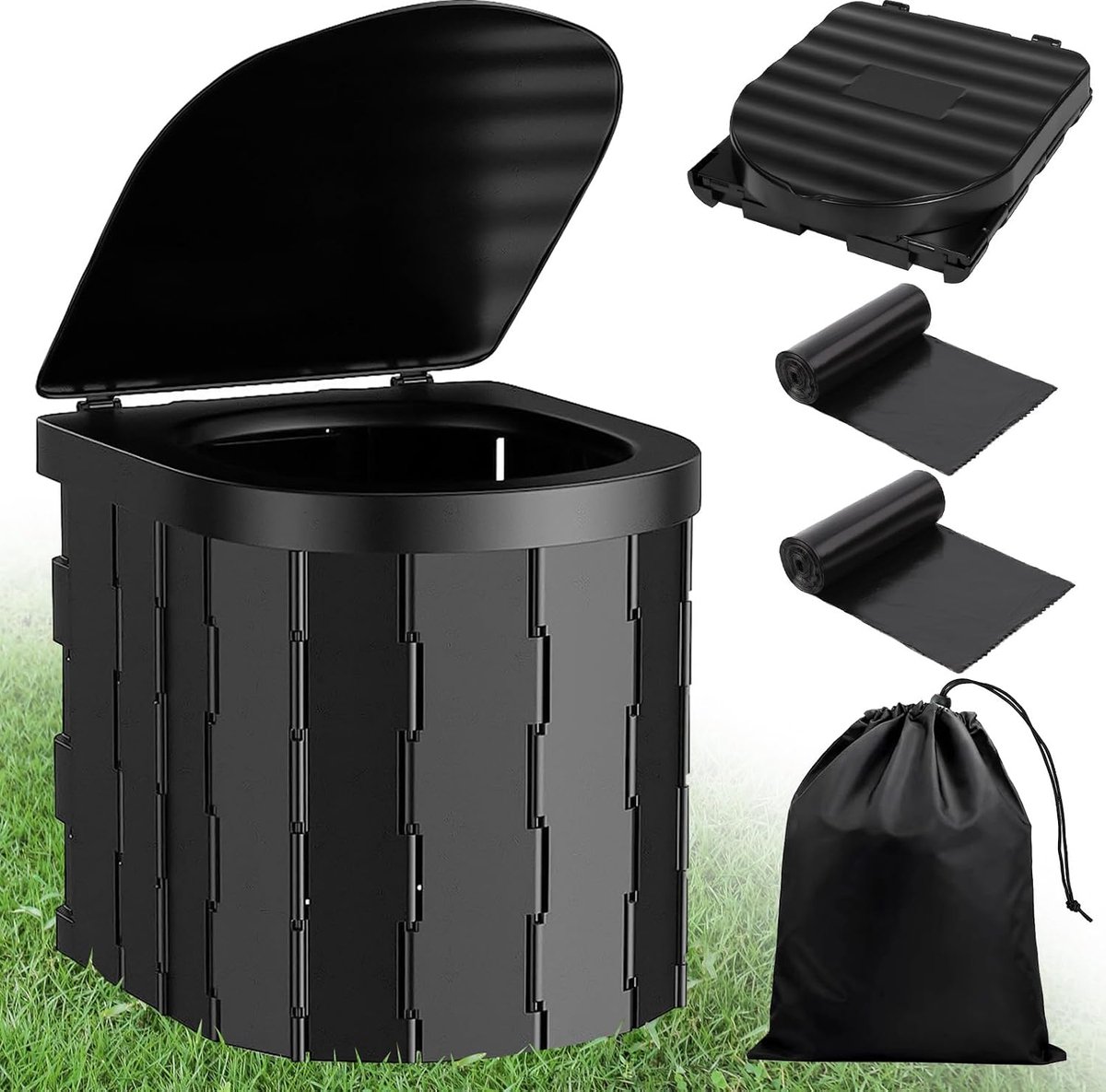 Mobiel toilet, max. 150 kg, opvouwbaar, scheidingstoilet, camping voor buiten of binnen, toilettas + opbergzak, zwart