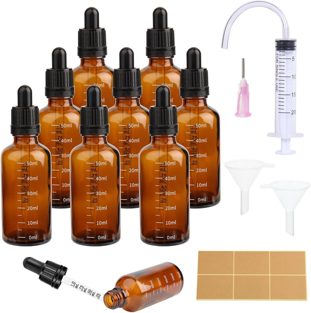 8 stuks pipetfles 50 ml druppelfles bruine druppelfles fles met pipet en schaal glazen flesje bruinglas met 18 hulpmiddelen voor etherische olie, parfummoleculen, aromatherapie, geuren, vloeistof