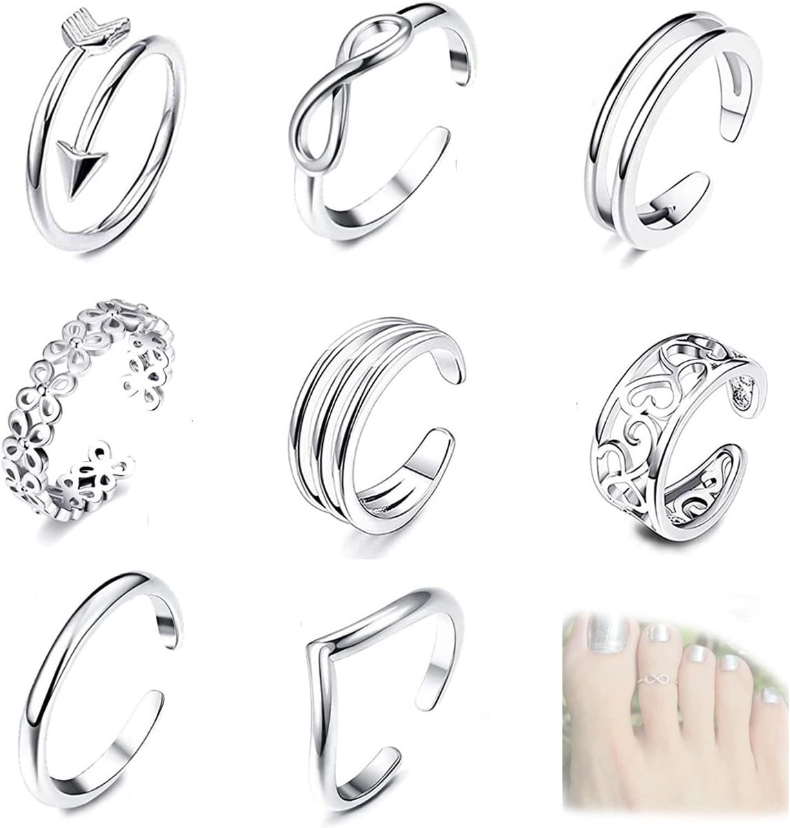 Ringen, set van 8 stapelbare teenringen voor dames, vrouwen, verstelbare teenringen, voetringen, boho-ringen voor dames, verstelbare stapelbare voor stressvermindering