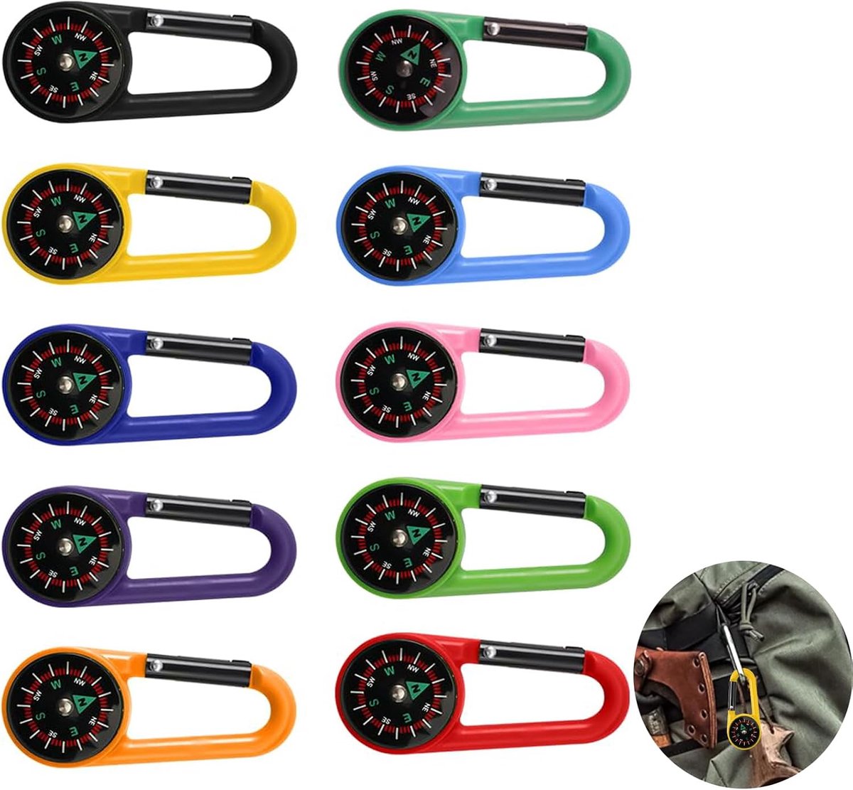 Kompas, 10 stuks kleurrijke karabijnhaak kompas sleutelhanger, mini draagbaar navigatiecompas voor kinderen en volwassenen, buiten wandelen, kamperen, rugzakaccessoire, survival gear