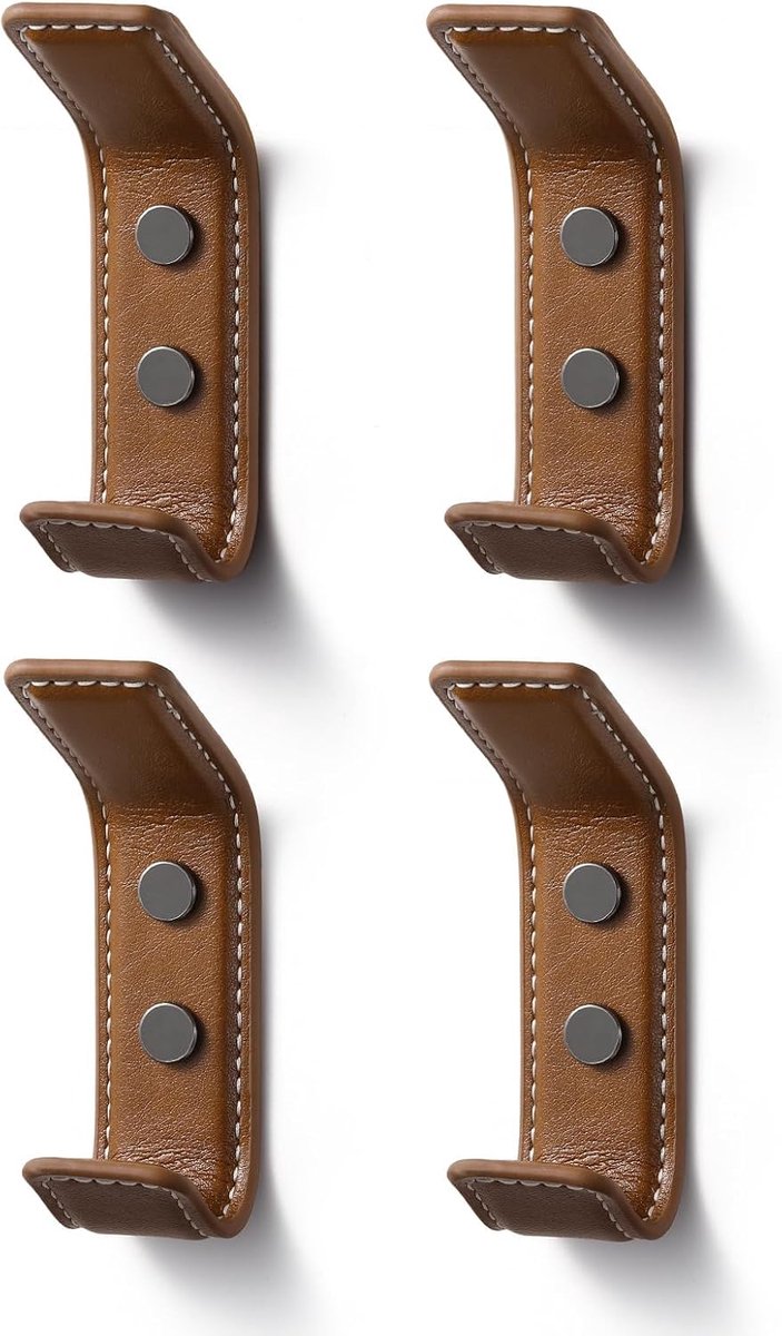 Set van 4 rechthoekige bruine leren wandhaken voor het ophangen van badjassen, handdoeken, tassen, hoeden, sjaals, sleutels, kleding voor slaapkamer, entree en kast