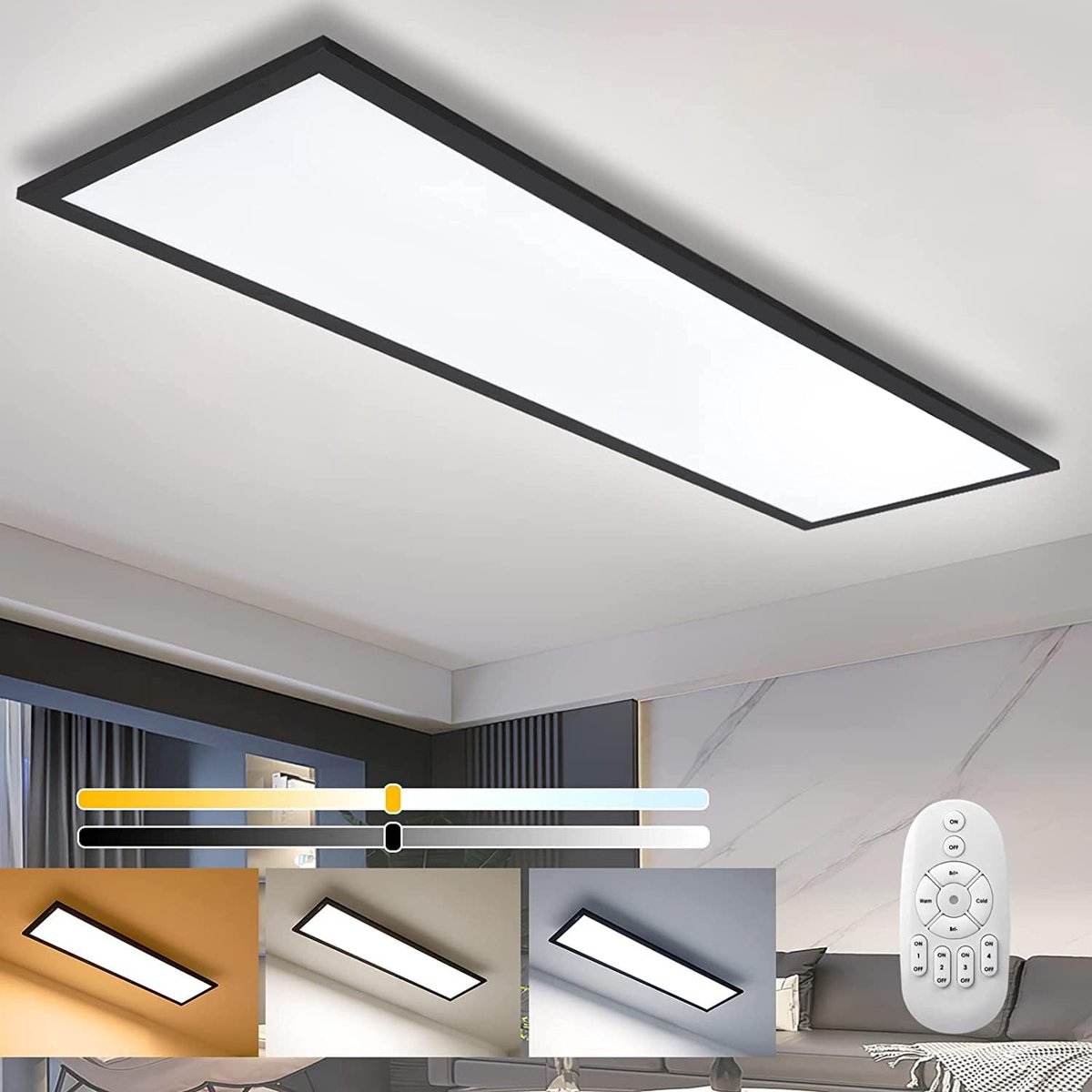 Plafondlamp, LED-paneel, 100 x 25 cm, met afstandsbediening, 28 W, rechthoekig, met geheugenfunctie, 2700 K-6500 K, warm wit, natuurlijk wit, koud wit, plafondpanel voor slaapkamer, woonkamer