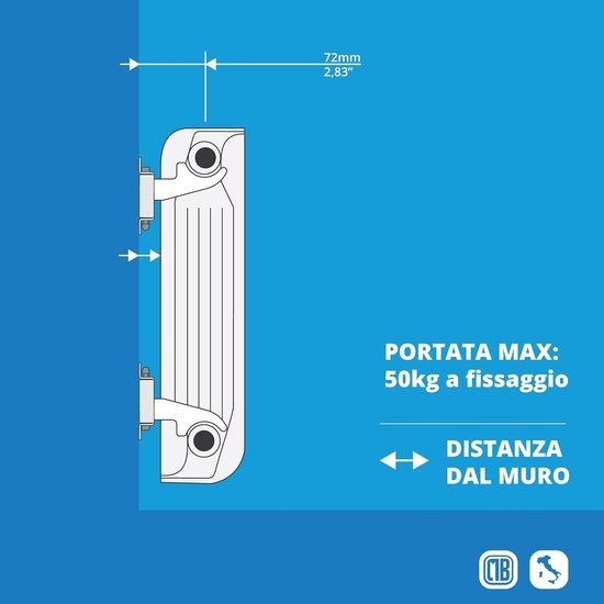 Muurbeugels voor aluminium radiatoren, met verticale / horizontale afstelling en veiligheid - Witte ABS-afdekking en kunststof isolatoren - Maximale capaciteit 50 kg per bevestiging - 3 stuks. — afbeelding 3